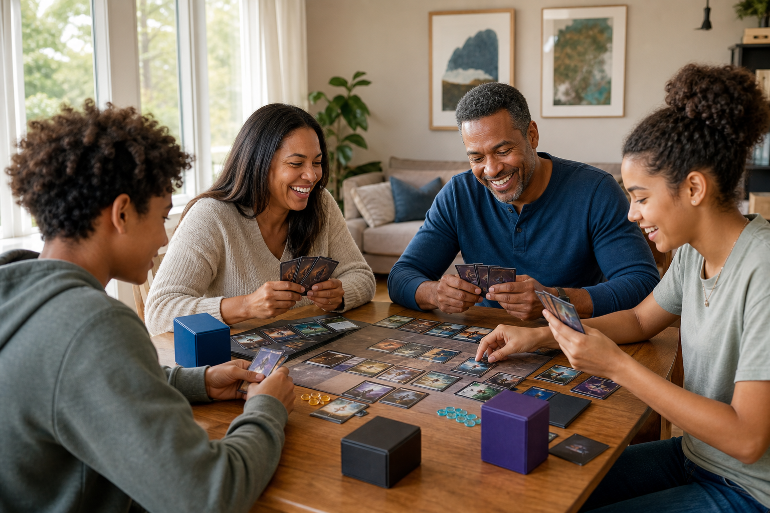 A family enjoying a generic trading-card game around their dining table