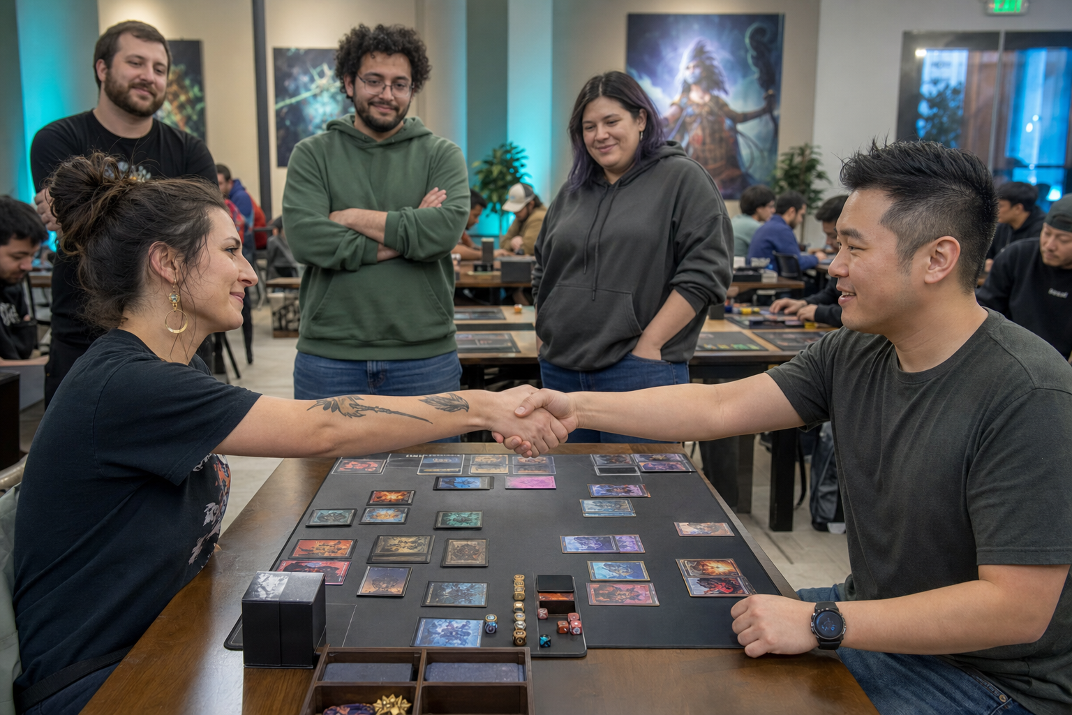 Two adult players shaking hands at a friendly generic card tournament
