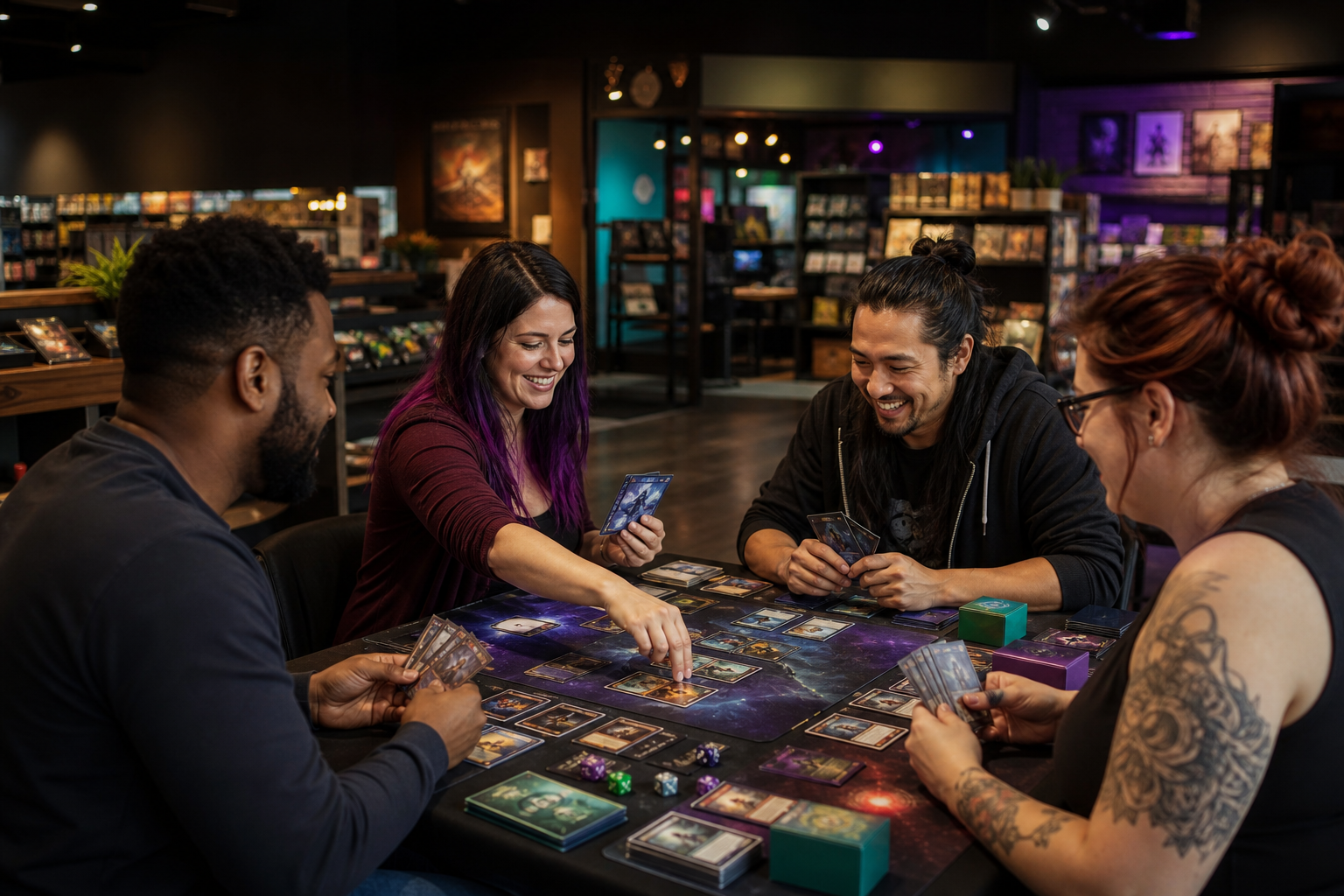 Four adult friends playing a generic trading-card game at a hobby shop